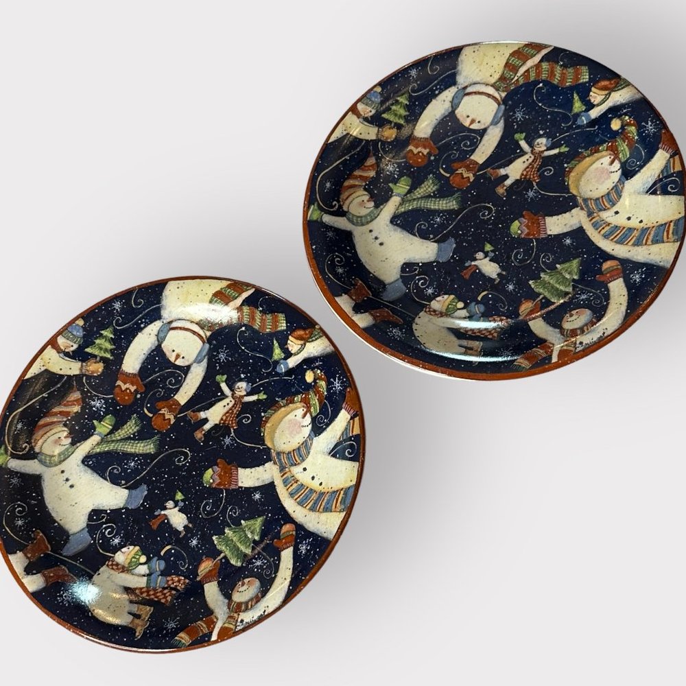 Certified International 2x Salad Dessert Plates TUMBLING SNOWMEN Susan Winget